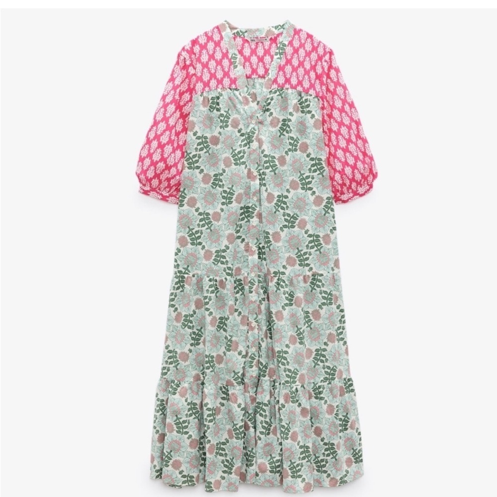 Zara Pink and Green Patterned Dress Size Small - Picture 1 of 10